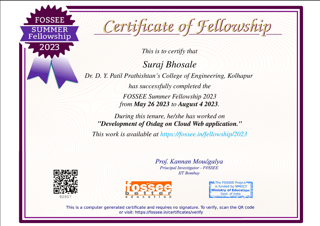 FOSSEE Summer Fellowship 2023 Certificate — IIT Bombay (Osdag on Cloud • Credential ID: 82807)